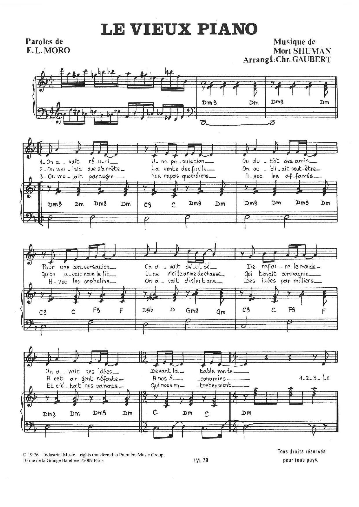 Download Mort Shuman Le Vieux Piano Sheet Music and learn how to play Piano & Vocal PDF digital score in minutes