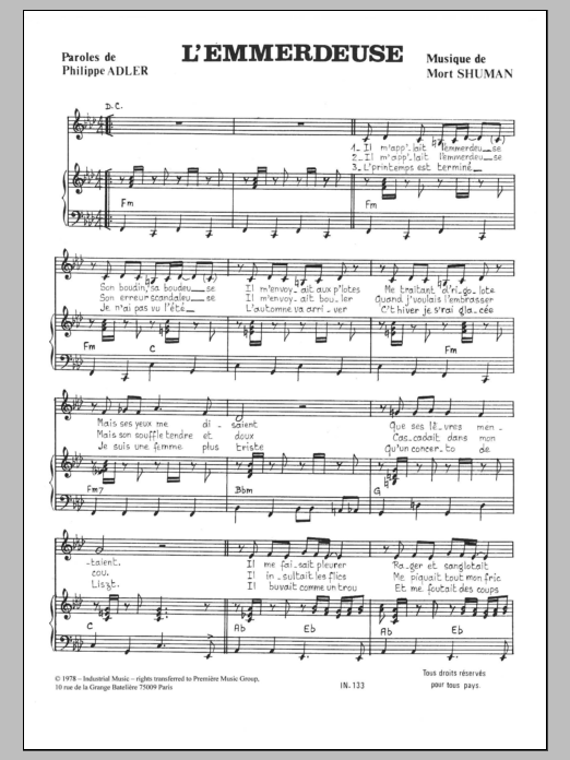 Download Mort Shuman L'emmerdeuse Sheet Music and learn how to play Piano & Vocal PDF digital score in minutes