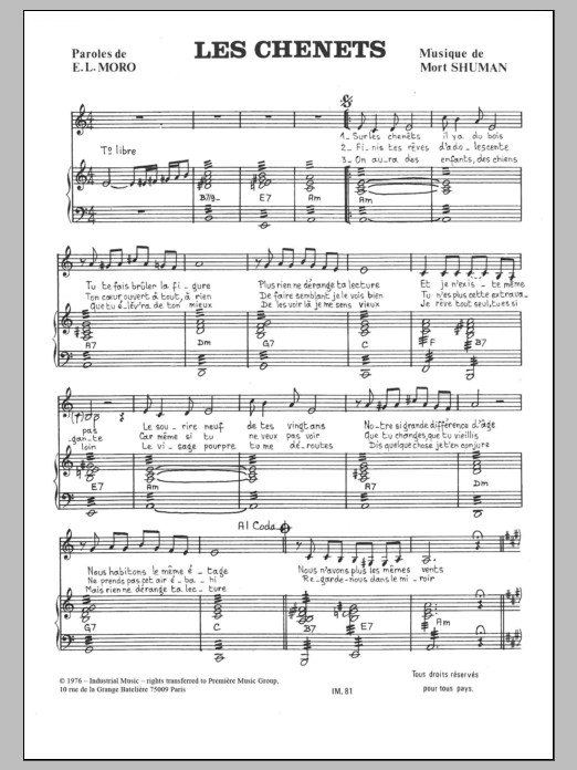 Download Mort Shuman Les Chenets Sheet Music and learn how to play Piano & Vocal PDF digital score in minutes