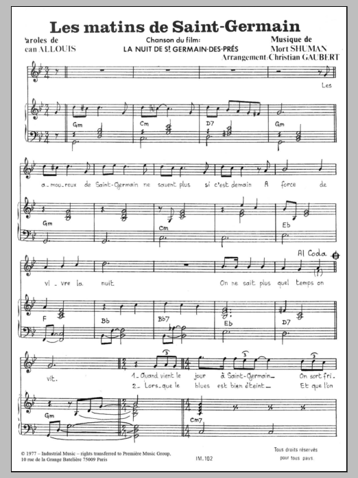 Download Mort Shuman Les Matins De Saint-Germain Sheet Music and learn how to play Piano & Vocal PDF digital score in minutes
