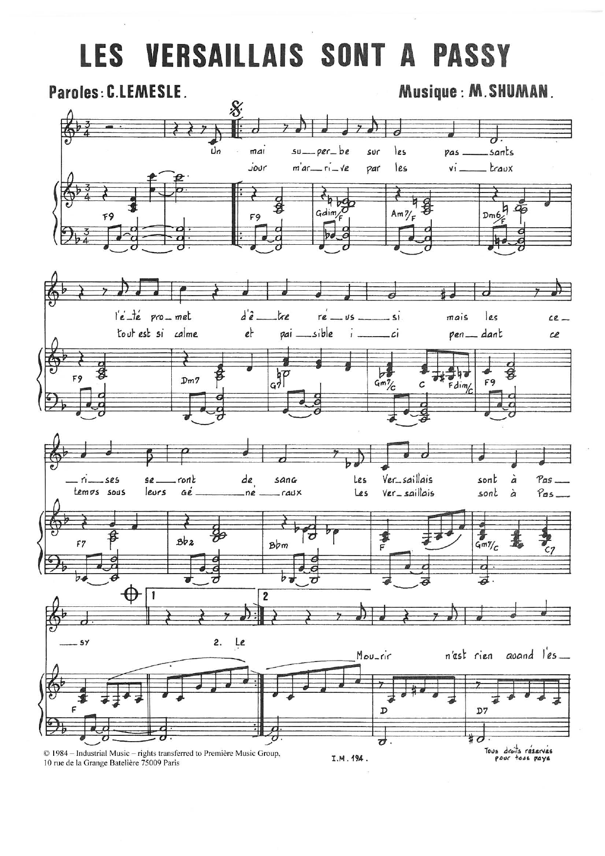 Download Mort Shuman Les Versaillais Sont À Passy Sheet Music and learn how to play Piano & Vocal PDF digital score in minutes