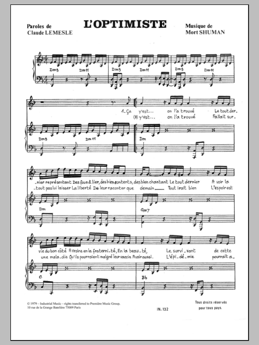Download Mort Shuman L'optimiste Sheet Music and learn how to play Piano & Vocal PDF digital score in minutes