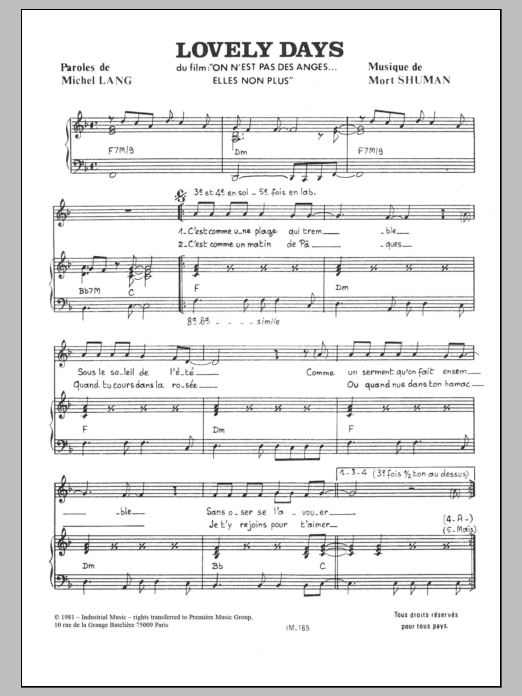 Download Mort Shuman Lovely Days Sheet Music and learn how to play Piano & Vocal PDF digital score in minutes