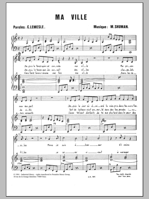 Download Mort Shuman Ma Ville Sheet Music and learn how to play Piano & Vocal PDF digital score in minutes