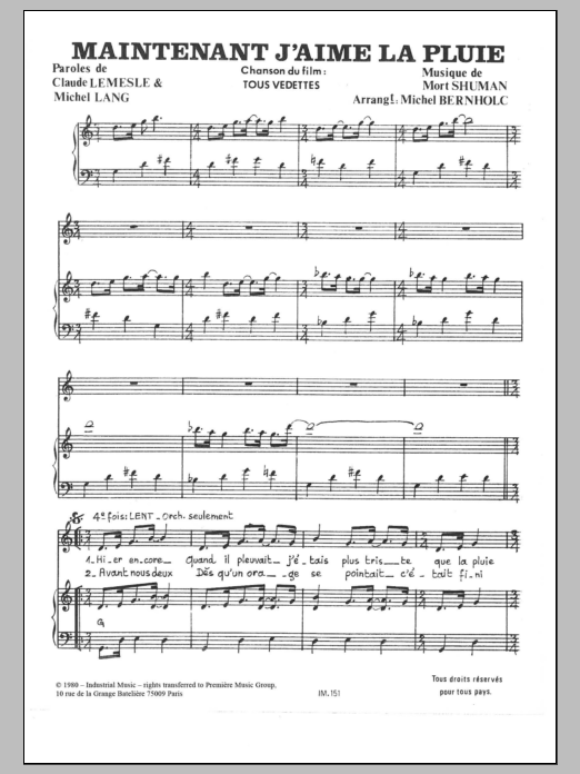Download Mort Shuman Maintenant J'aime La Pluie Sheet Music and learn how to play Piano & Vocal PDF digital score in minutes