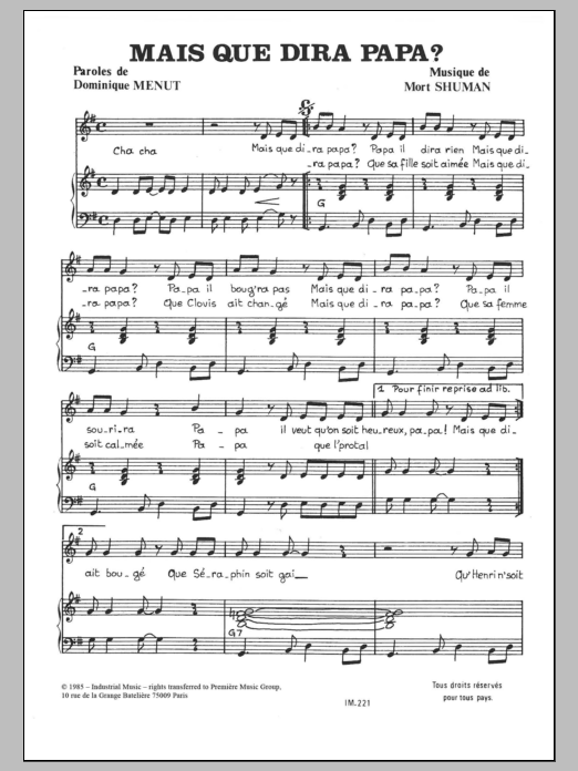 Download Mort Shuman Mais Que Dira Papa Sheet Music and learn how to play Piano & Vocal PDF digital score in minutes