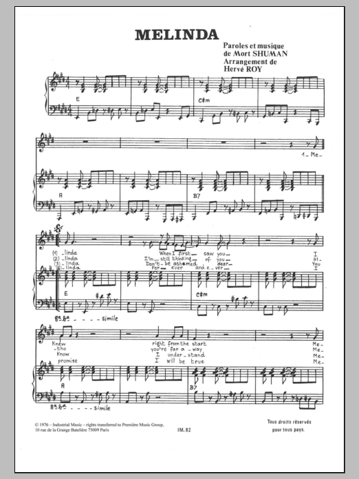 Download Mort Shuman Melinda Sheet Music and learn how to play Piano & Vocal PDF digital score in minutes