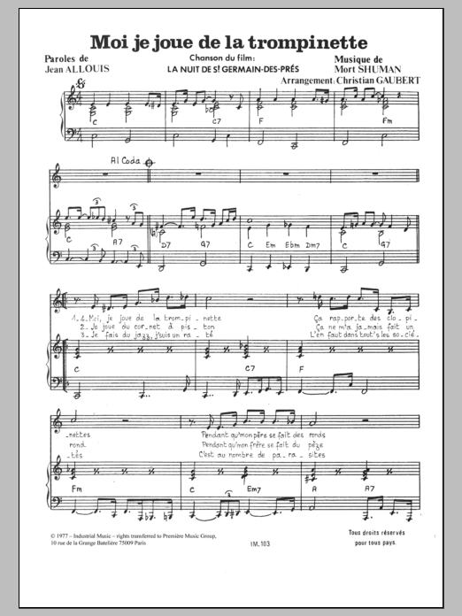 Download Mort Shuman Moi Je Joue De La Trompinette Sheet Music and learn how to play Piano & Vocal PDF digital score in minutes