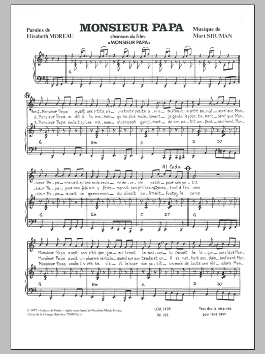 Download Mort Shuman Monsieur Papa Sheet Music and learn how to play Piano & Vocal PDF digital score in minutes