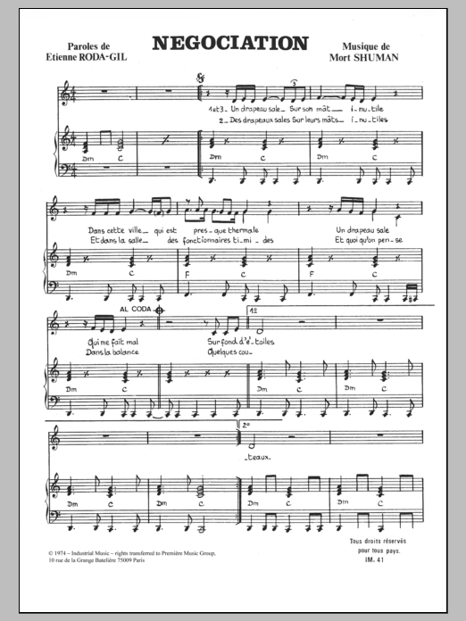 Download Mort Shuman Negociation Sheet Music and learn how to play Piano & Vocal PDF digital score in minutes