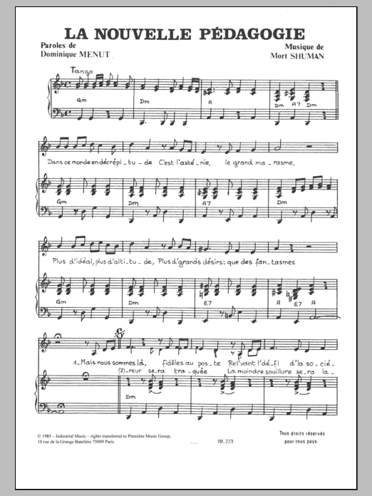 Download Mort Shuman Nouvelle Pedagogie Sheet Music and learn how to play Piano & Vocal PDF digital score in minutes