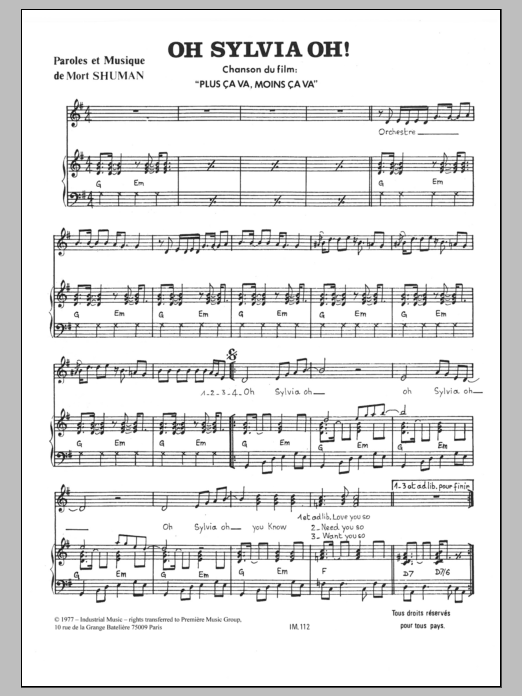 Download Mort Shuman Oh Sylvia Oh Sheet Music and learn how to play Piano & Vocal PDF digital score in minutes