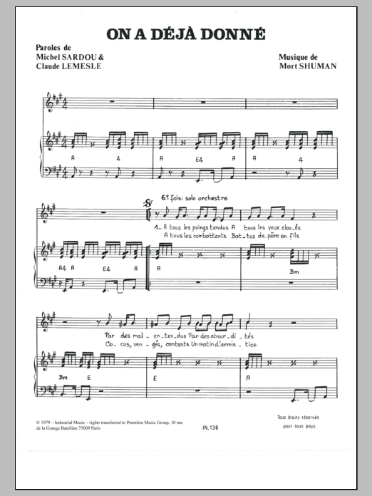 Download Mort Shuman On A Déjà Donné Sheet Music and learn how to play Piano & Vocal PDF digital score in minutes