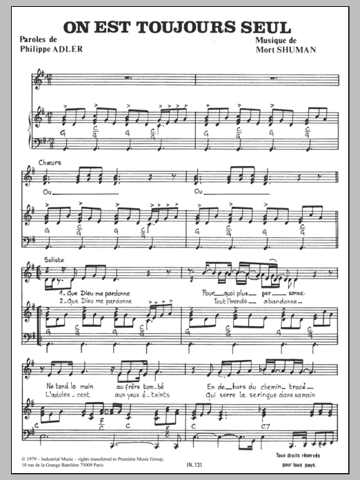 Download Mort Shuman On Est Toujours Seul Sheet Music and learn how to play Piano & Vocal PDF digital score in minutes