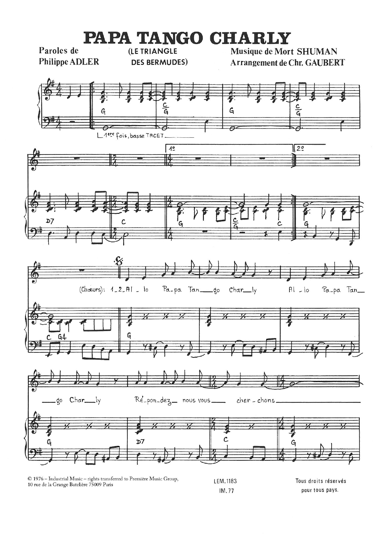 Download Mort Shuman Papa Tango Charly Sheet Music and learn how to play Piano & Vocal PDF digital score in minutes
