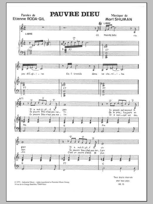 Download Mort Shuman Pauvre Dieu Sheet Music and learn how to play Piano & Vocal PDF digital score in minutes
