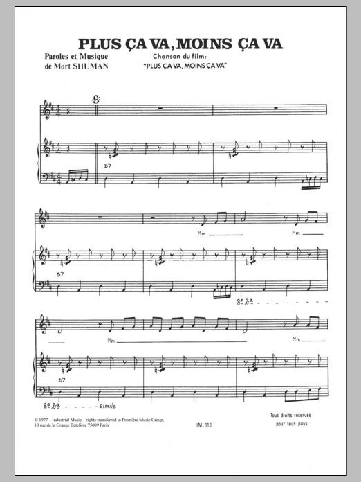 Download Mort Shuman Plus Ça Va, Moins Ça Va Sheet Music and learn how to play Piano & Vocal PDF digital score in minutes