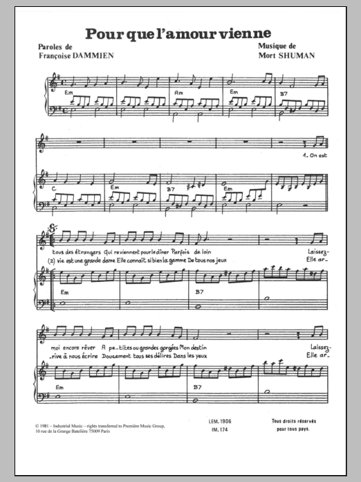 Download Mort Shuman Pour Que L'amour Vienne Sheet Music and learn how to play Piano & Vocal PDF digital score in minutes