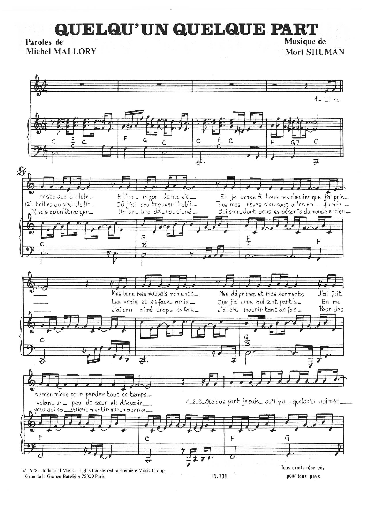 Download Mort Shuman Quelqu'un Quelque Part Sheet Music and learn how to play Piano & Vocal PDF digital score in minutes