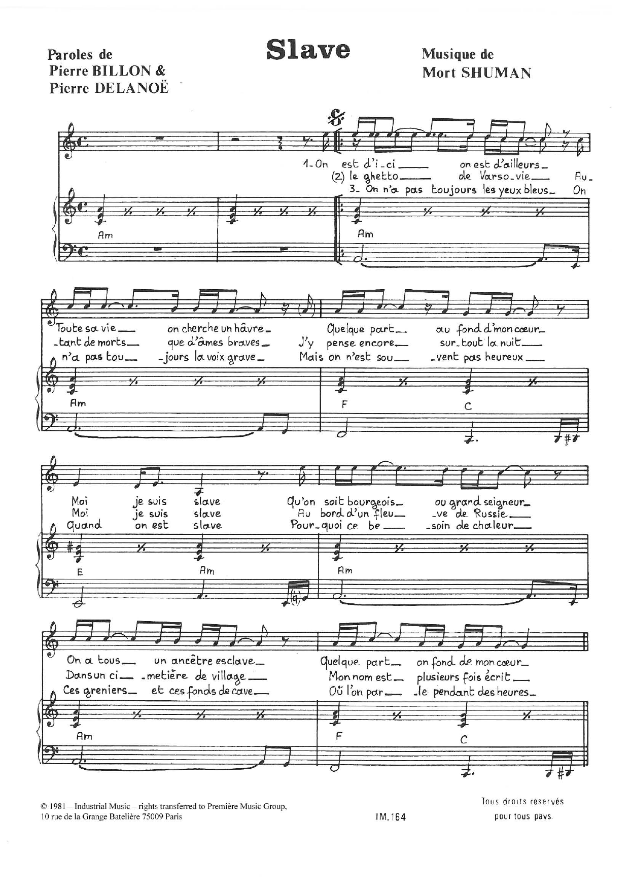 Download Mort Shuman Slave Sheet Music and learn how to play Piano & Vocal PDF digital score in minutes