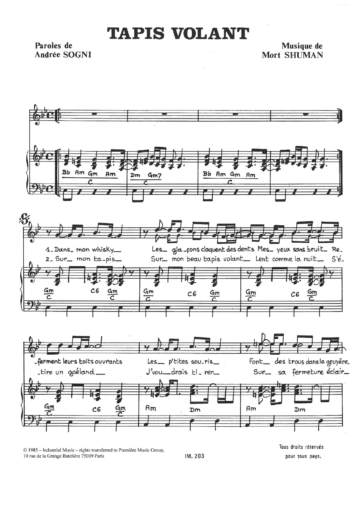 Download Mort Shuman Tapis Volant Sheet Music and learn how to play Piano & Vocal PDF digital score in minutes