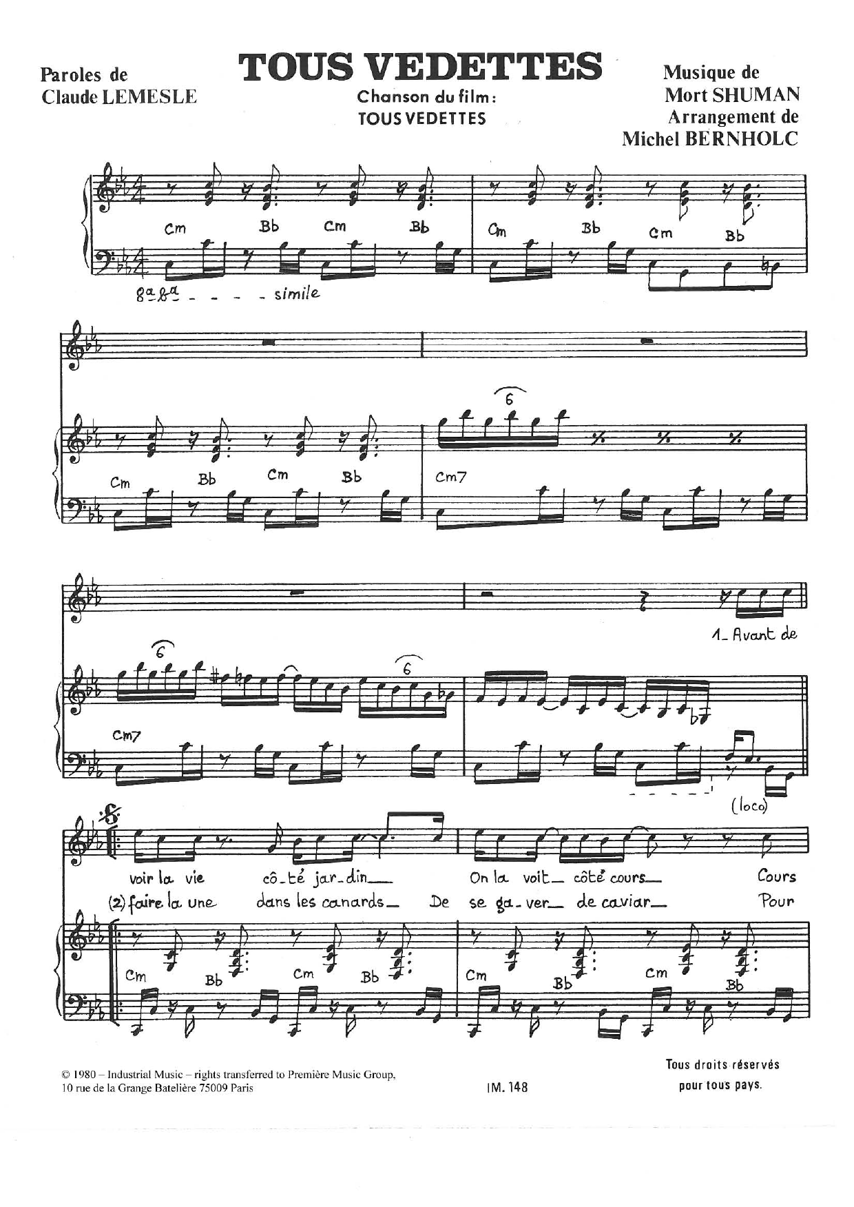 Download Mort Shuman Tous Vedettes Sheet Music and learn how to play Piano & Vocal PDF digital score in minutes