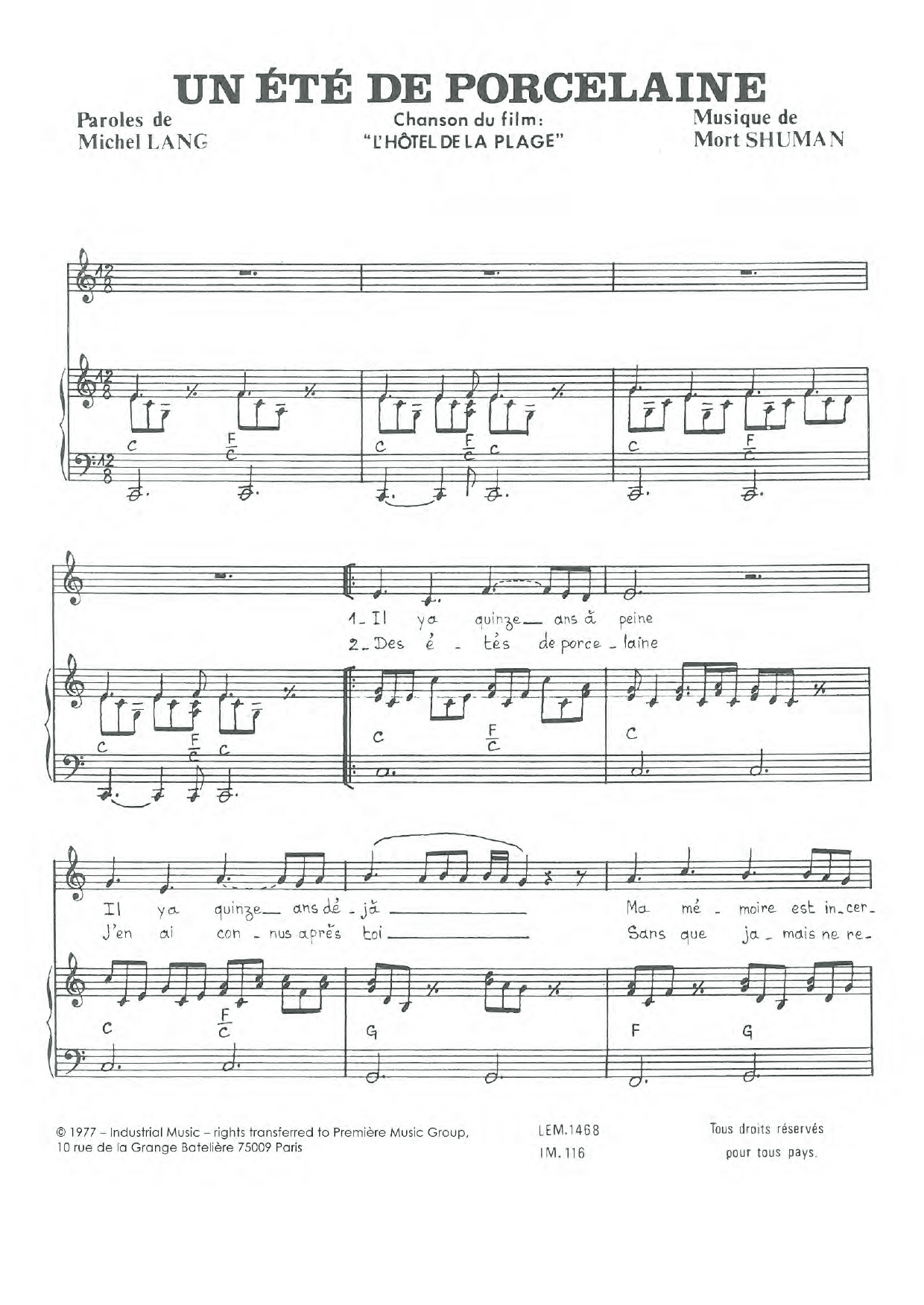Download Mort Shuman Un Ete De Porcelaine Sheet Music and learn how to play Piano & Vocal PDF digital score in minutes