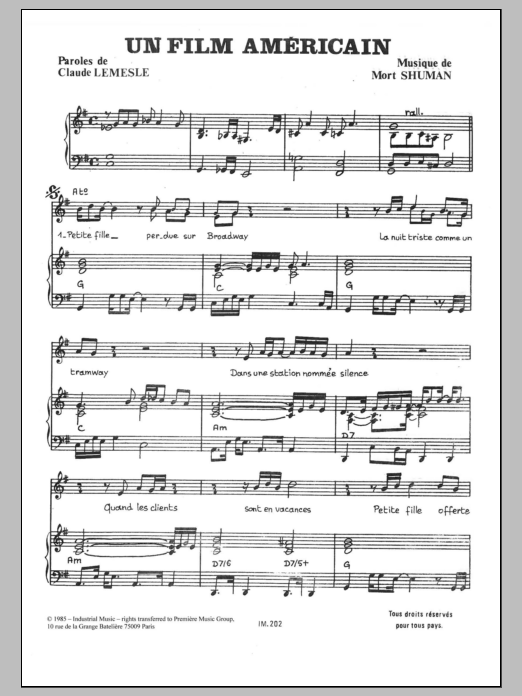 Download Mort Shuman Un Film American Sheet Music and learn how to play Piano & Vocal PDF digital score in minutes