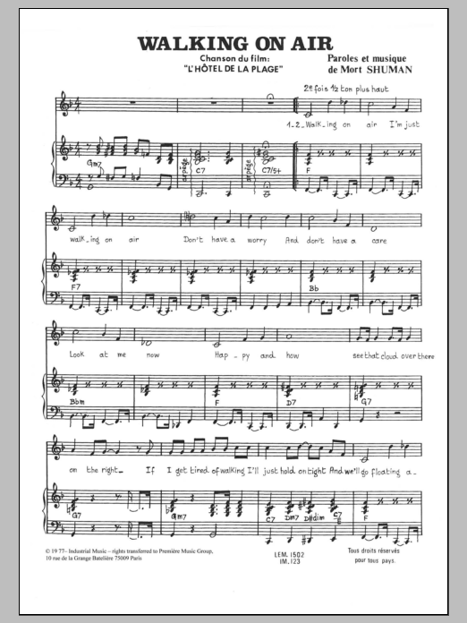 Download Mort Shuman Walking On Air Sheet Music and learn how to play Piano & Vocal PDF digital score in minutes