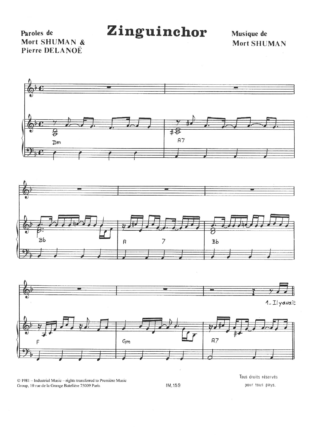 Download Mort Shuman Zinguinchor Sheet Music and learn how to play Piano & Vocal PDF digital score in minutes