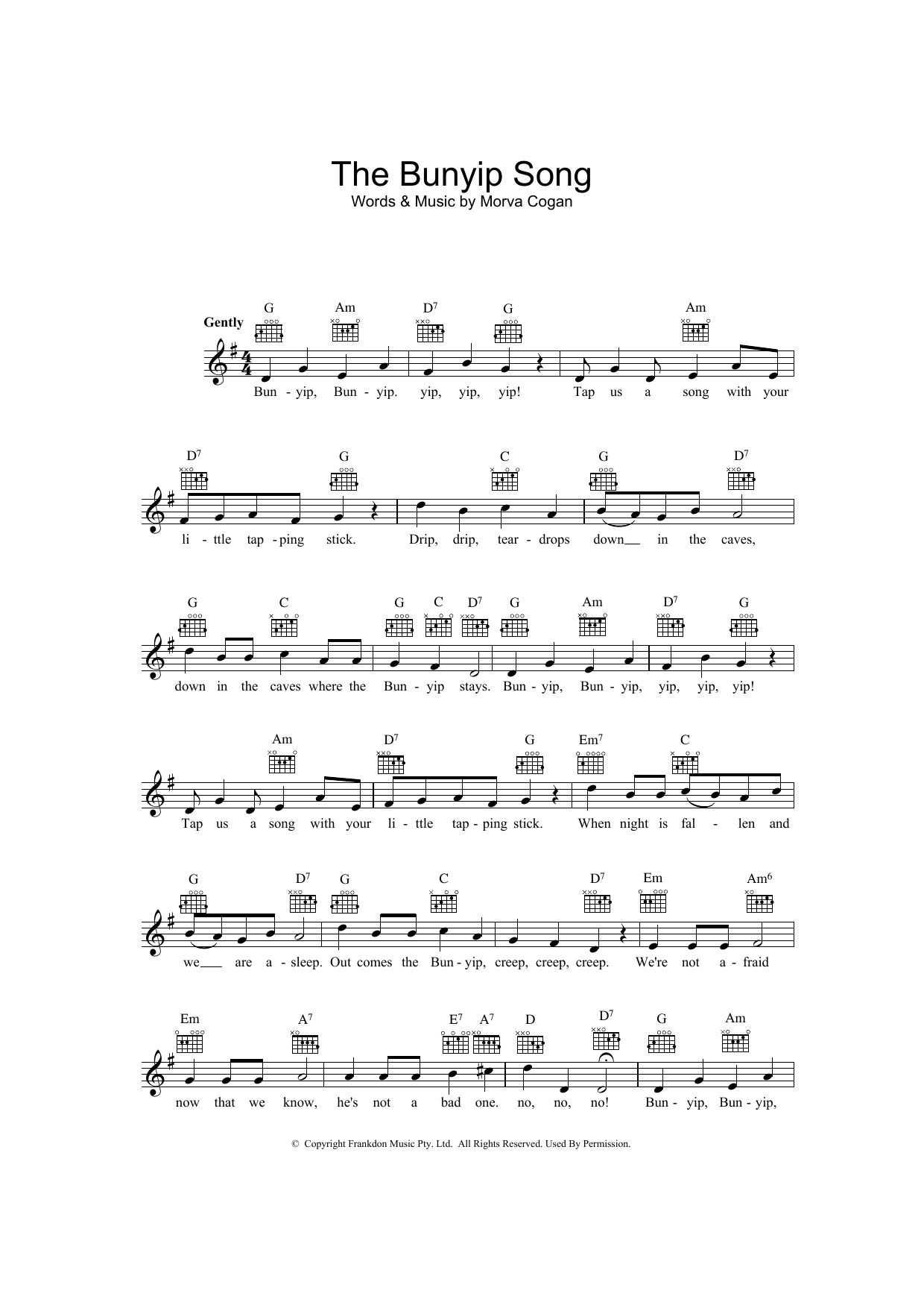 Download Morva Cogan The Bunyip Song Sheet Music and learn how to play Melody Line, Lyrics & Chords PDF digital score in minutes