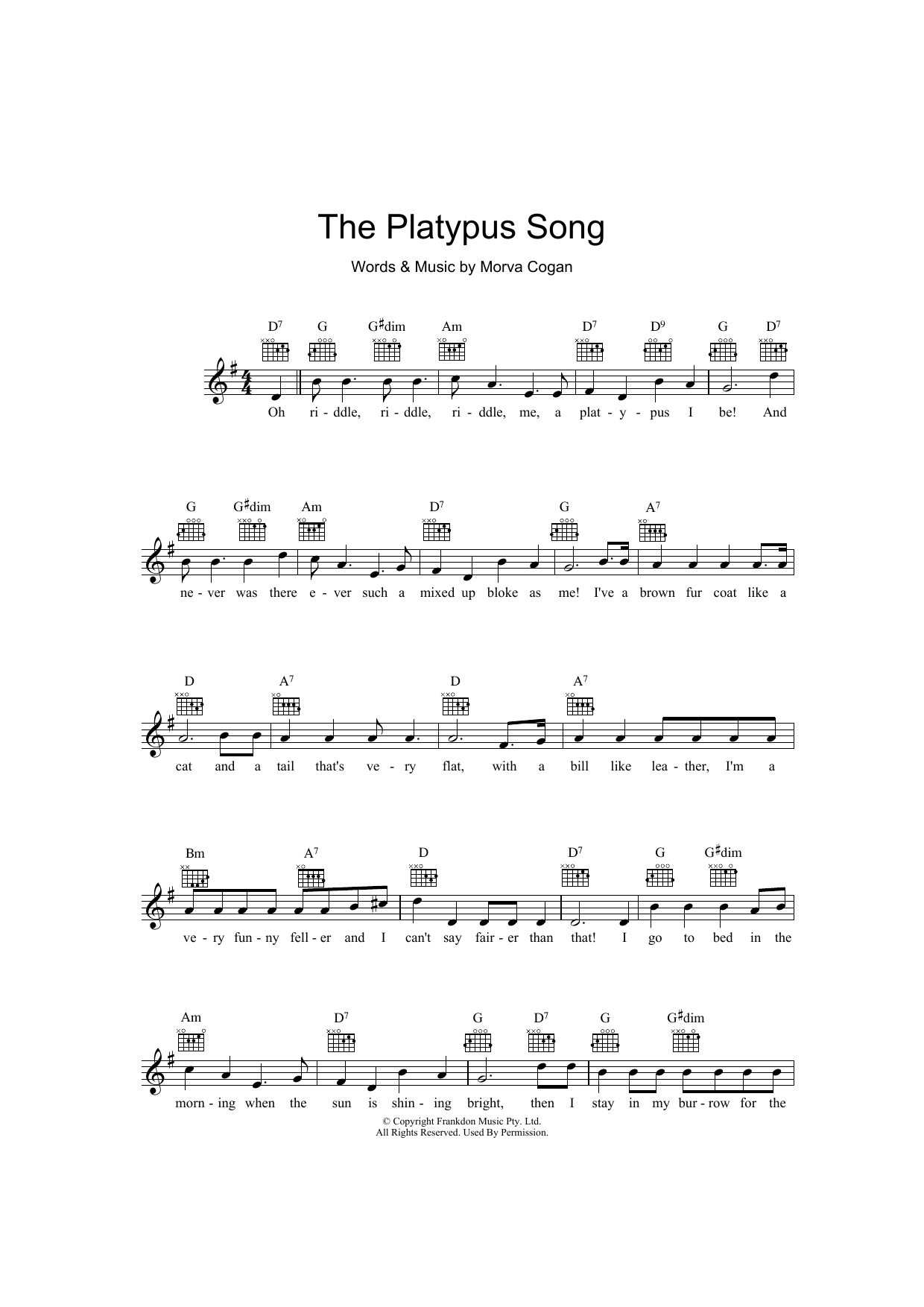Download Morva Cogan The Platypus Song Sheet Music and learn how to play Melody Line, Lyrics & Chords PDF digital score in minutes