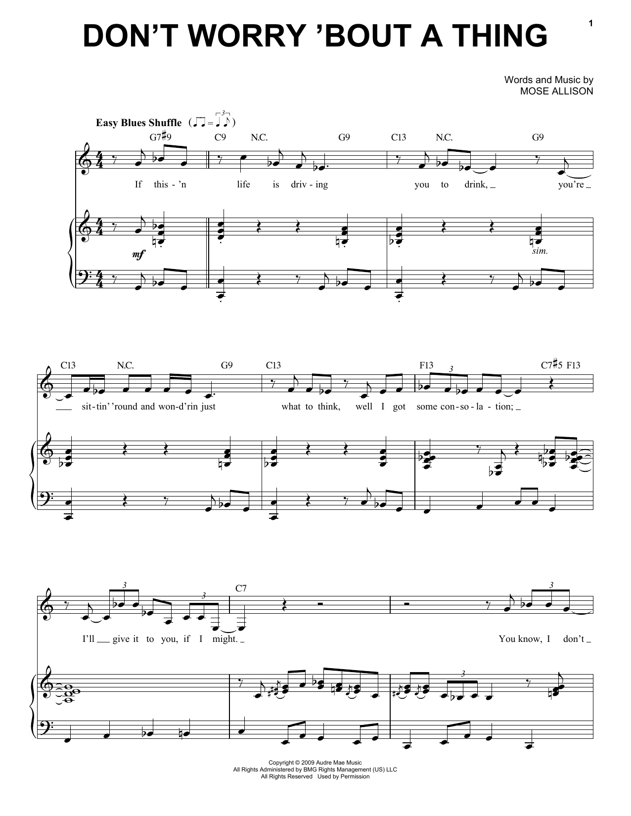 Download Mose Allison Don't Worry About A Thing Sheet Music and learn how to play Piano & Vocal PDF digital score in minutes