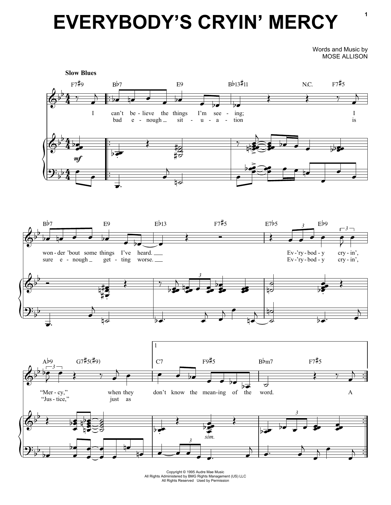 Download Mose Allison Everybody's Cryin' Mercy Sheet Music and learn how to play Piano & Vocal PDF digital score in minutes