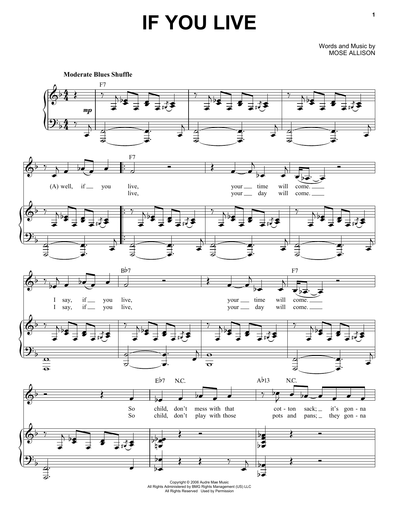 Download Mose Allison If You Live Sheet Music and learn how to play Piano & Vocal PDF digital score in minutes