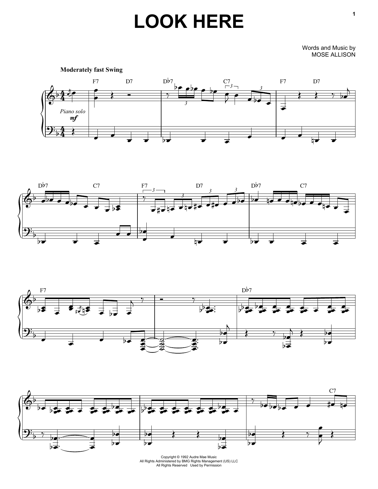 Download Mose Allison Look Here Sheet Music and learn how to play Piano & Vocal PDF digital score in minutes