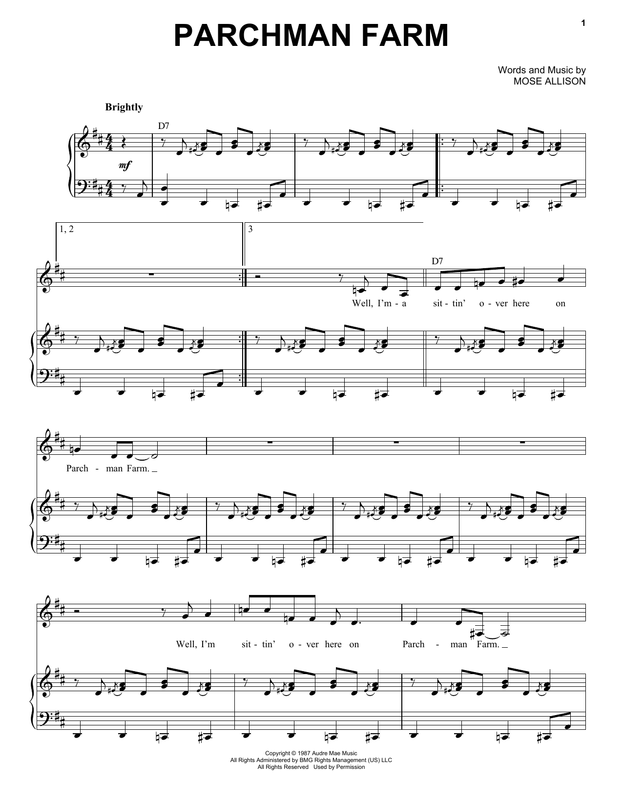 Download Mose Allison Parchman Farm Sheet Music and learn how to play Piano & Vocal PDF digital score in minutes