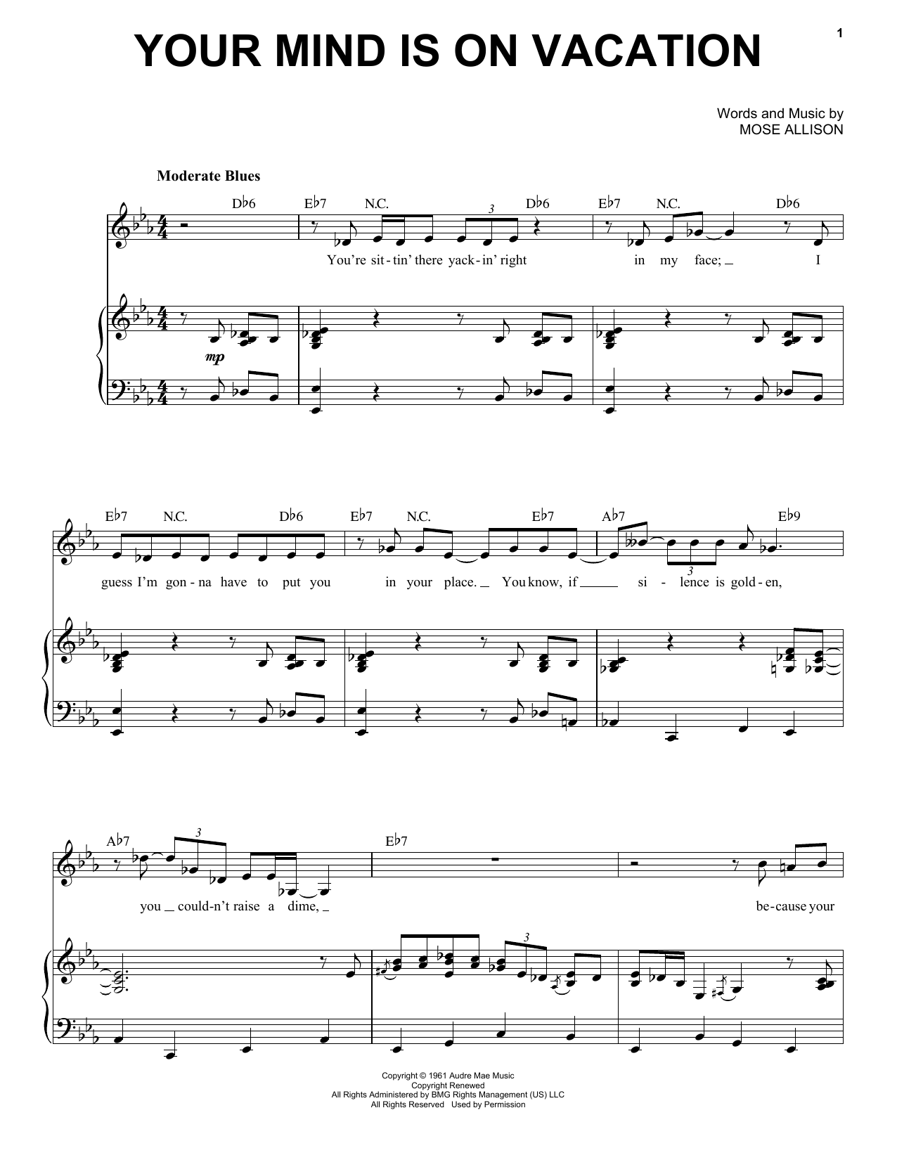 Download Mose Allison Your Mind Is On Vacation Sheet Music and learn how to play Piano & Vocal PDF digital score in minutes