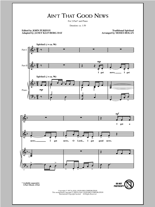 Download Traditional Spiritual Ain't That Good News (arr. Moses Hogan) Sheet Music and learn how to play 3-Part Mixed PDF digital score in minutes