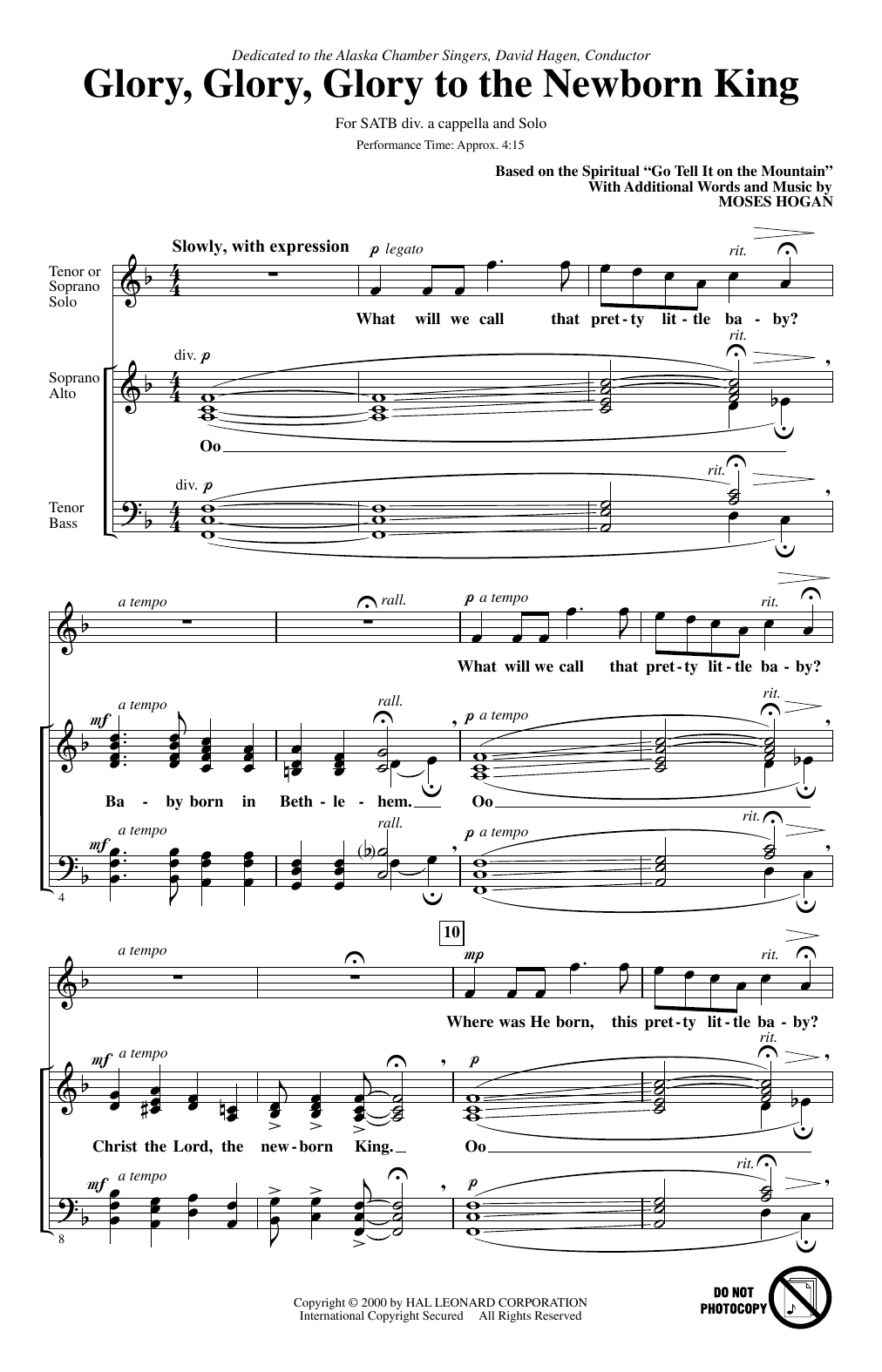 Download Moses Hogan Glory, Glory, Glory To The Newborn King Sheet Music and learn how to play SATB Choir PDF digital score in minutes