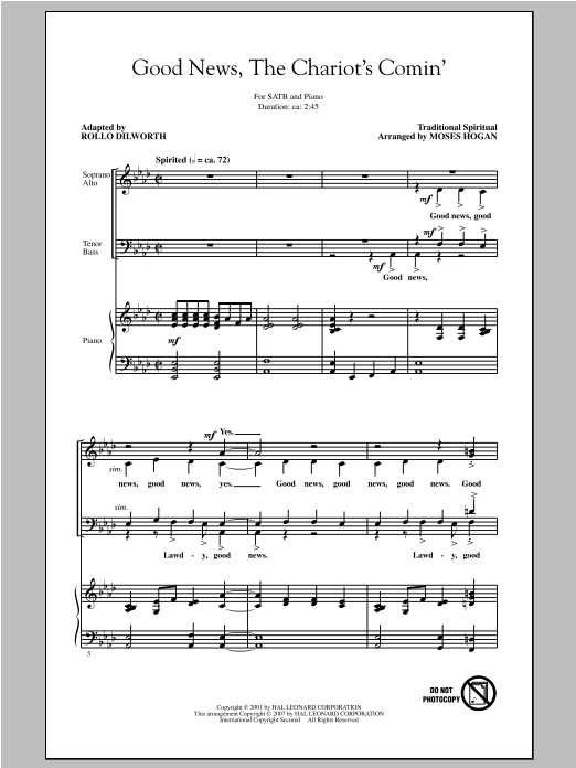 Download Traditional Spiritual Good News, The Chariot's Comin' (arr. Moses Hogan) Sheet Music and learn how to play SATB PDF digital score in minutes