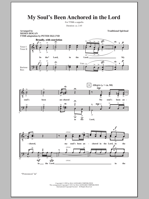 Download Moses Hogan My Soul's Been Anchored In De Lord Sheet Music and learn how to play TTBB PDF digital score in minutes