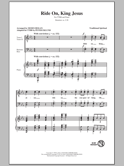 Download Traditional Spiritual Ride On, King Jesus (arr. Moses Hogan) Sheet Music and learn how to play TTBB PDF digital score in minutes