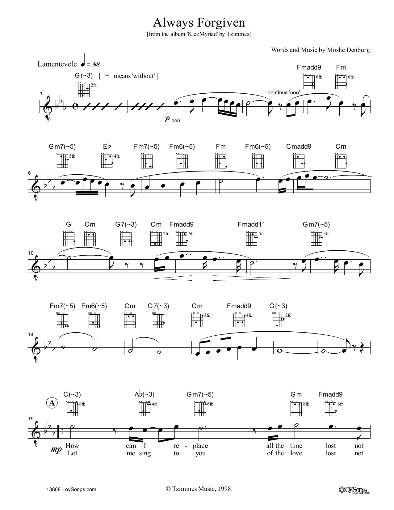 Download Moshe Denburg Always Forgiven Sheet Music and learn how to play Melody Line, Lyrics & Chords PDF digital score in minutes