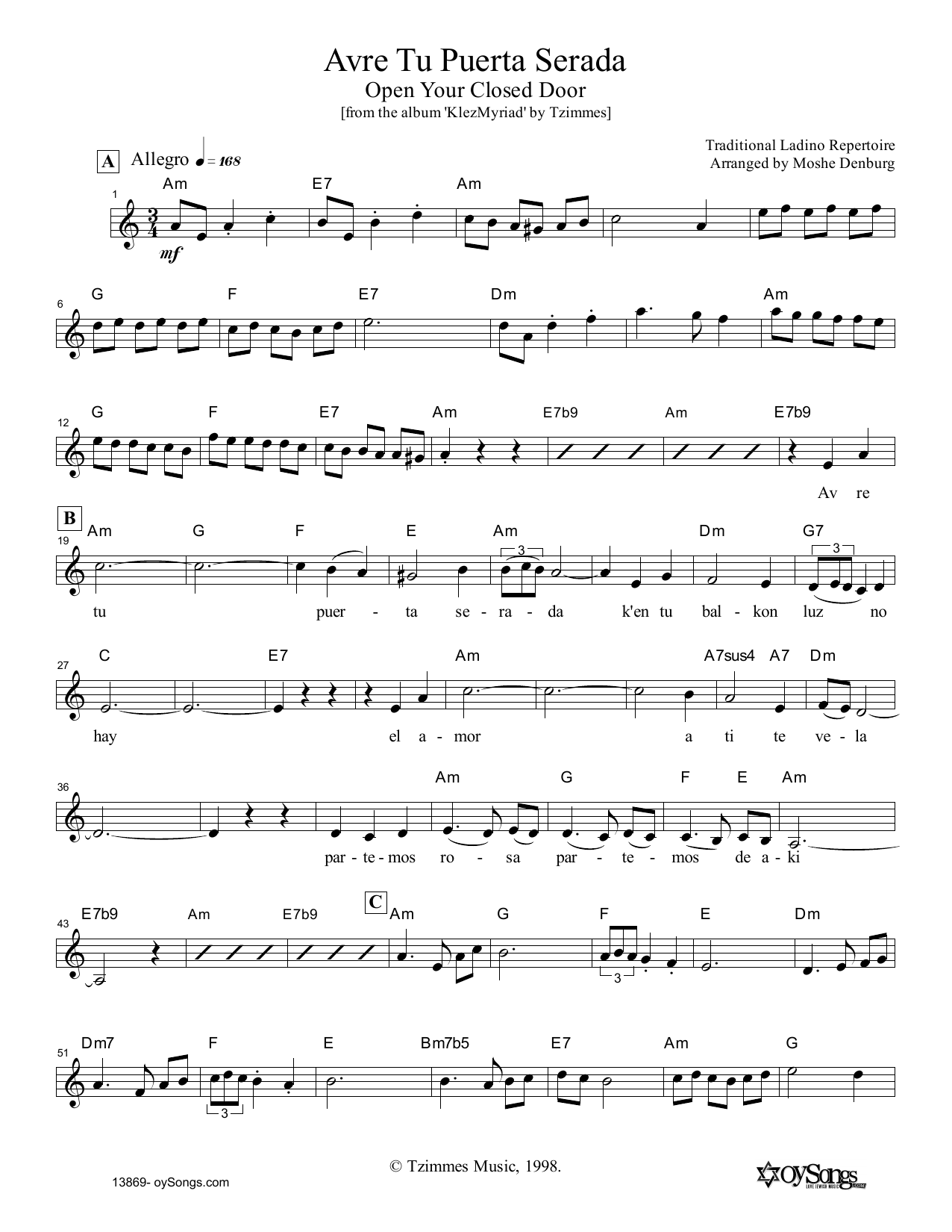 Download Moshe Denburg Avre Tu Puerta Serada Sheet Music and learn how to play Melody Line, Lyrics & Chords PDF digital score in minutes