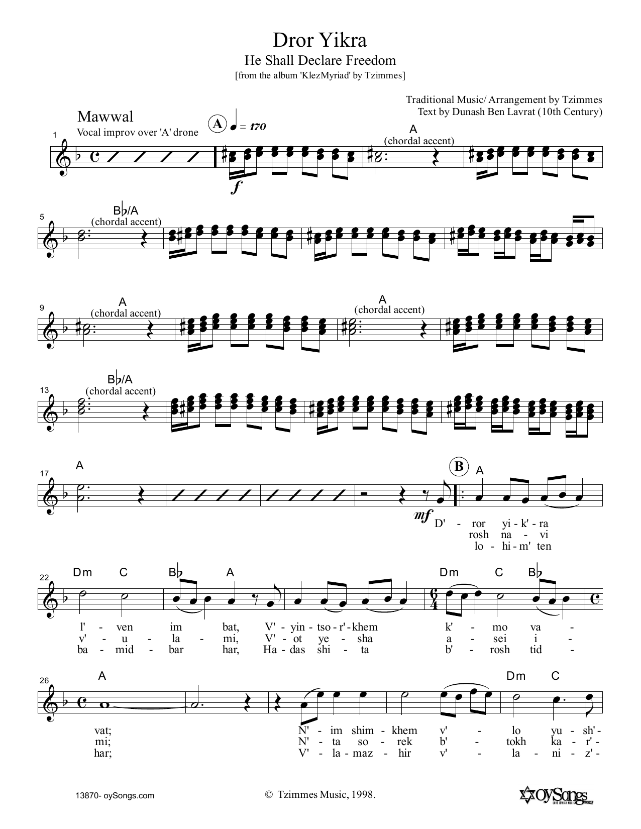Download Moshe Denburg Dror Yikra Sheet Music and learn how to play Melody Line, Lyrics & Chords PDF digital score in minutes