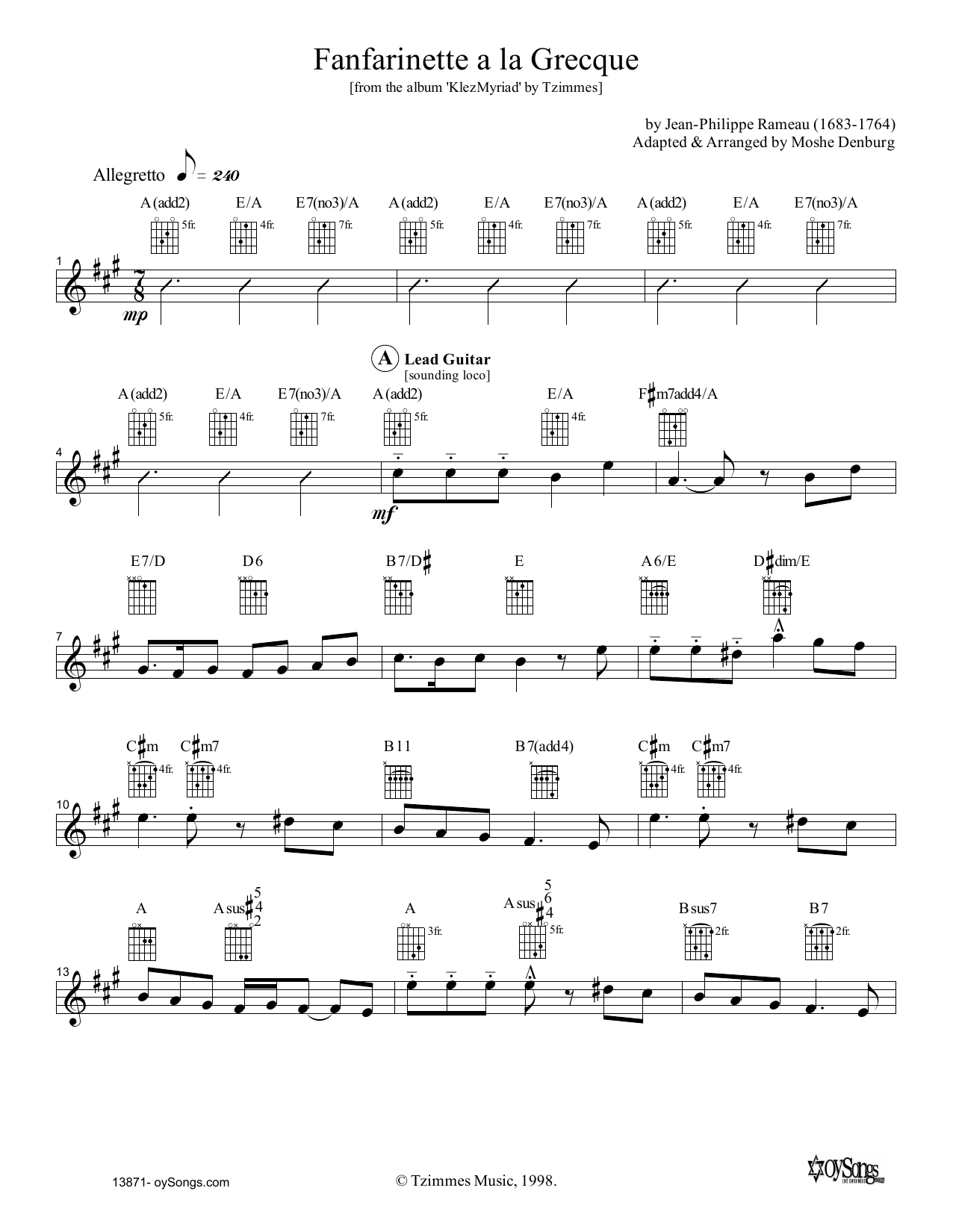 Download Moshe Denburg Fanfarinette a la Grecque Sheet Music and learn how to play Melody Line, Lyrics & Chords PDF digital score in minutes
