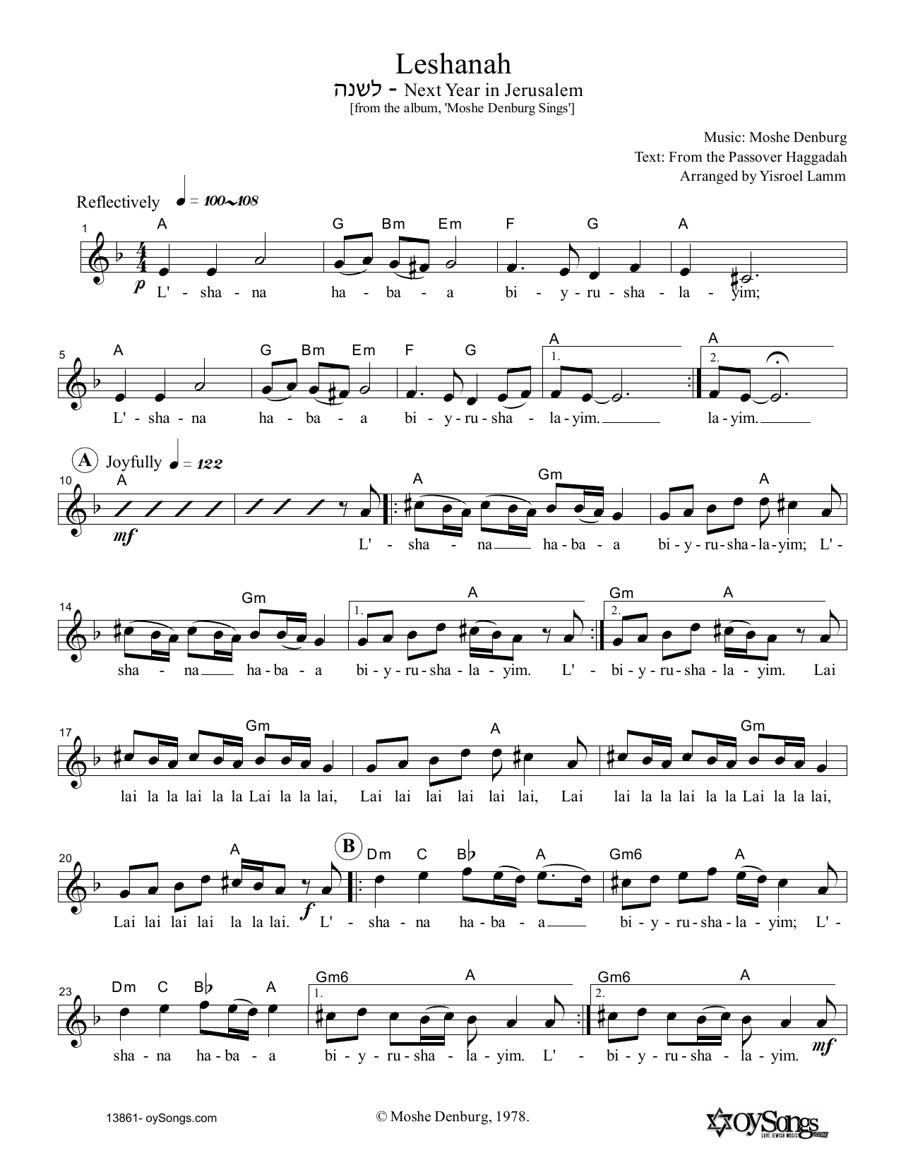 Download Moshe Denburg Leshanah Sheet Music and learn how to play Melody Line, Lyrics & Chords PDF digital score in minutes