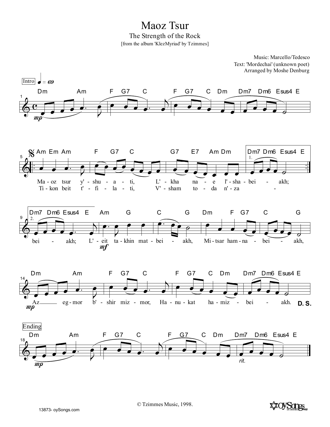 Download Moshe Denburg Maoz Tsur Sheet Music and learn how to play Melody Line, Lyrics & Chords PDF digital score in minutes