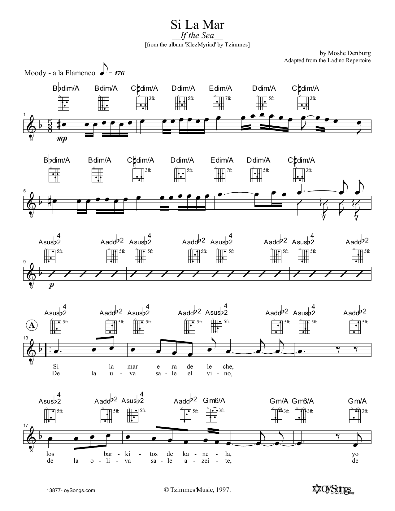 Download Moshe Denburg Si La Mar Sheet Music and learn how to play Melody Line, Lyrics & Chords PDF digital score in minutes
